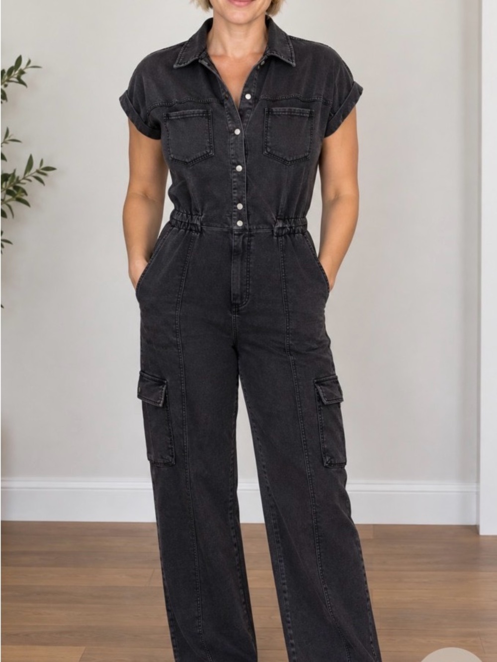 Women's Black Cargo Denim Jumpsuit with Elastic Waist